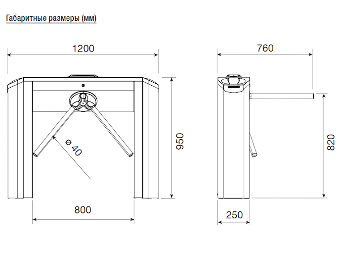Размеры тумбового электромеханического туртникета TWISTER CLASSIC с автоматической системой антипаники